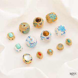 掐丝珐琅宫廷景泰蓝天然虎眼石南红绿松海蓝宝隔珠diy莲花饰配件