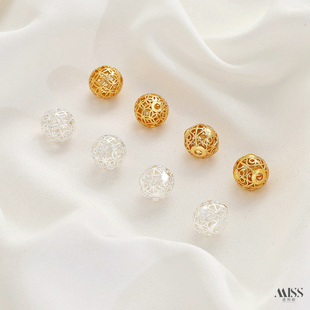 铜镀18K真金保色厚银8mm镂空铜钱球无缺花球隔珠diy串珠饰品配件