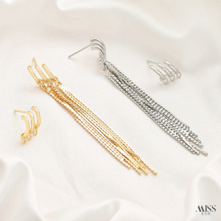 14K包金保色C形三层三吊环银针耳钉diy手工珍珠流苏耳环耳饰配件