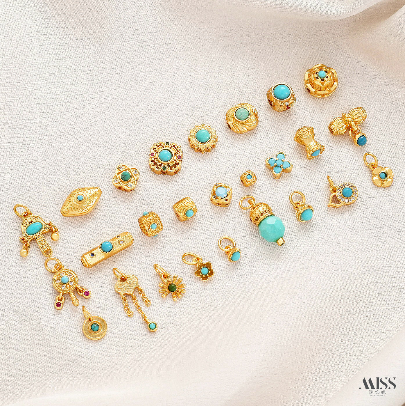 天然菱镁矿绿松石24K包金保色莲花金刚杵隔珠葫芦雏菊滴溜diy配件