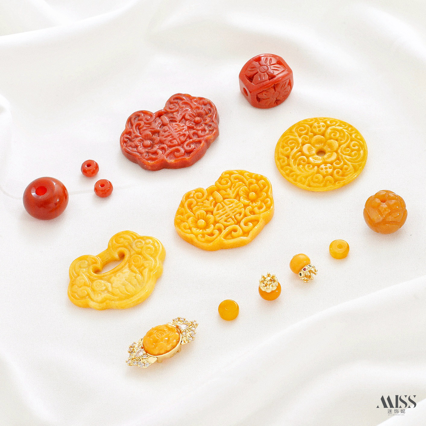 天然黄翡红翡福锁平安扣如意锁灯笼算盘隔珠隔片diy蜜蜡串饰配件