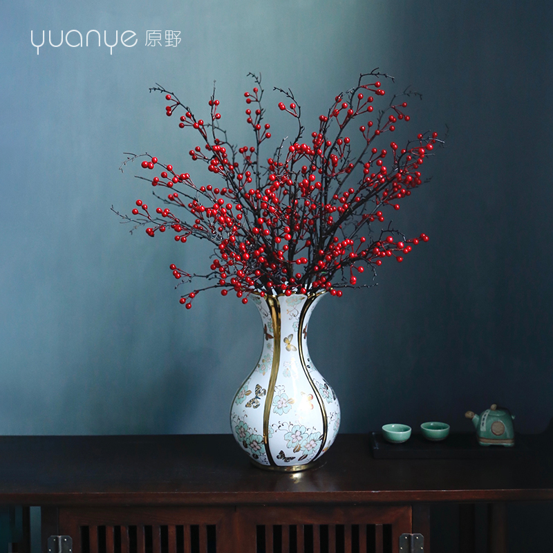 新中式吉祥红黄果子仿真花假花装饰样板房酒店前台客厅玄关摆设件