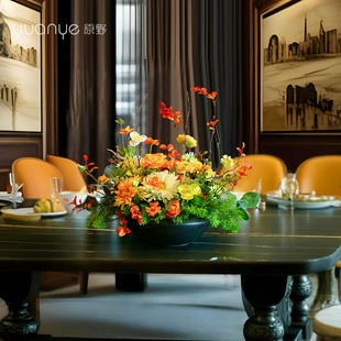 高端圆桌转盘仿真花餐桌花摆花轻奢高档酒店茶室中间摆件大装饰花