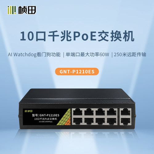 桢田PoE交换机10口千兆 塑铝外壳国标48V监控专用网线供电GNT-P1210ES
