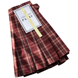 格子百褶裙女高腰复古春秋冬短款磨毛面料a字半身裙显瘦红色短裙