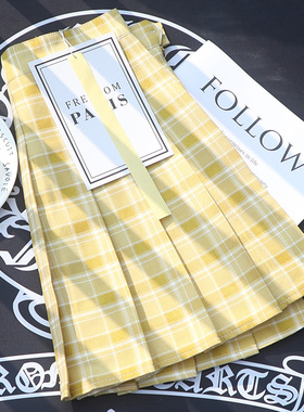 格子百褶裙女夏高腰a字显瘦小个子黄色学院短裙春秋防走光半身裙