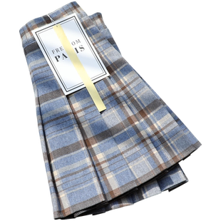 格子百褶裙女秋冬a字高腰短裙显瘦百搭毛呢裙子蓝色遮胯半身裙裤