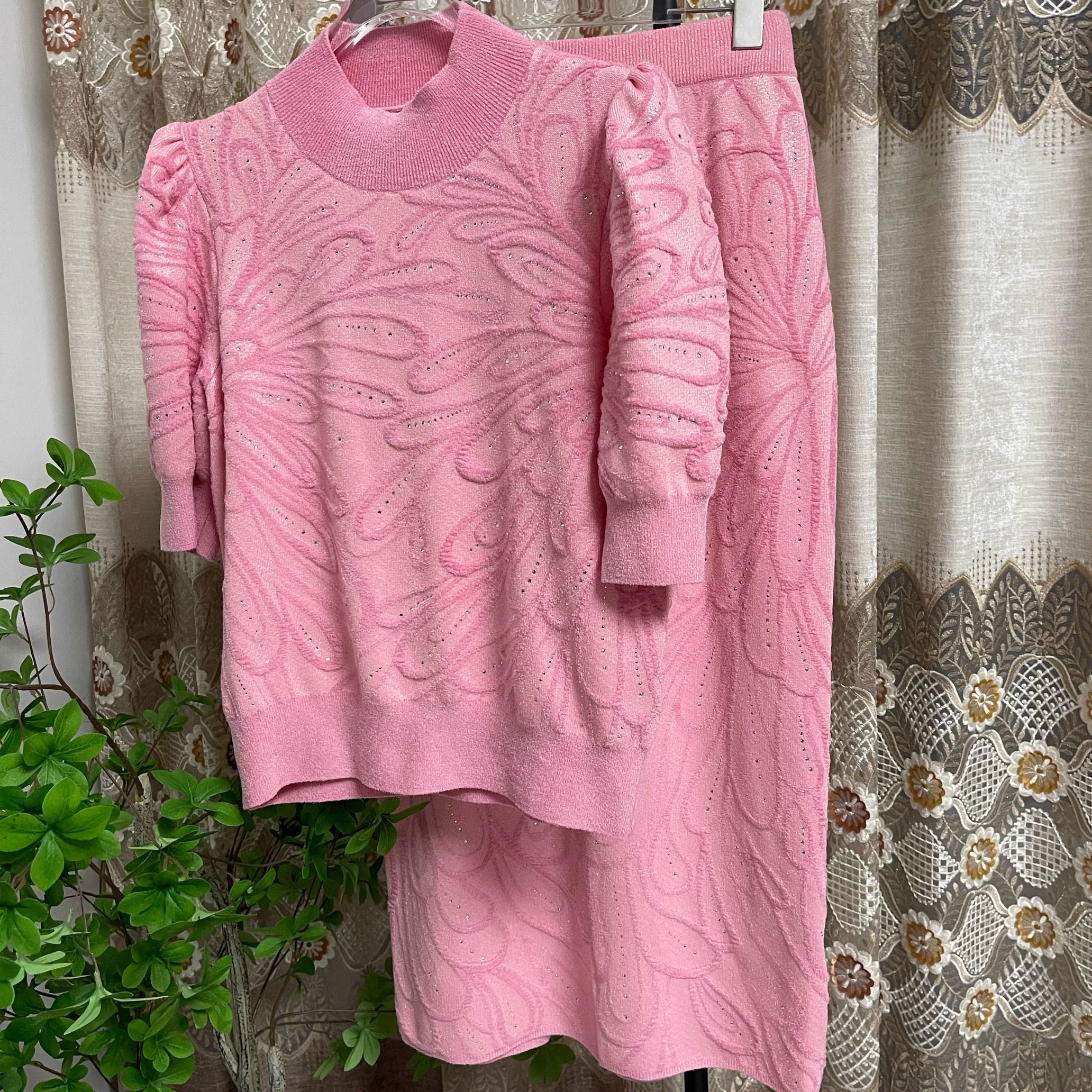 秋款新品 气质高奢品味 提花闪钻法式复古宫廷袖短袖上衣半裙套装