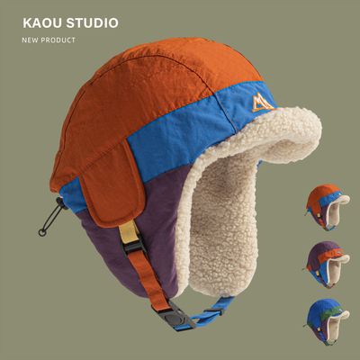 复古拼色雷锋帽男女秋冬加绒保暖