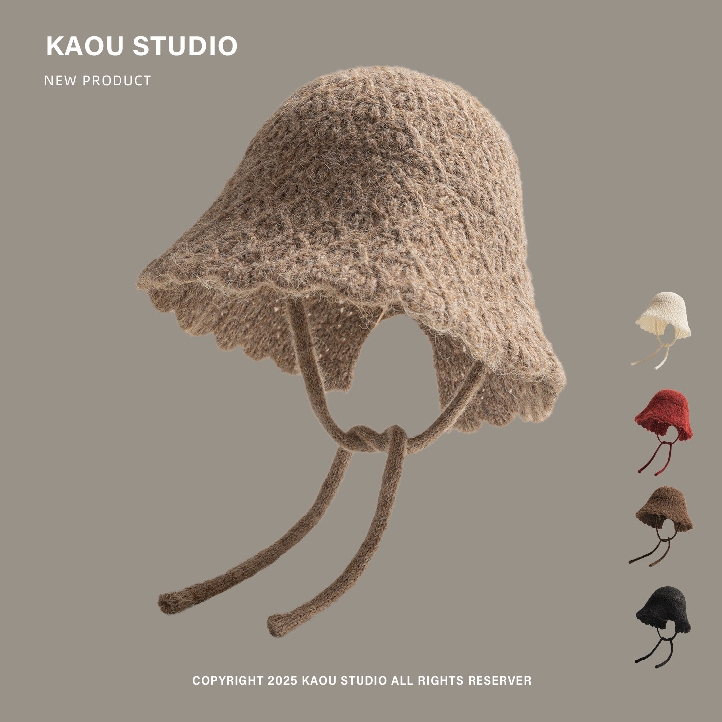 高级感秋冬纹理针织帽女韩系美拉德风绑带花边渔夫帽显脸小毛线帽