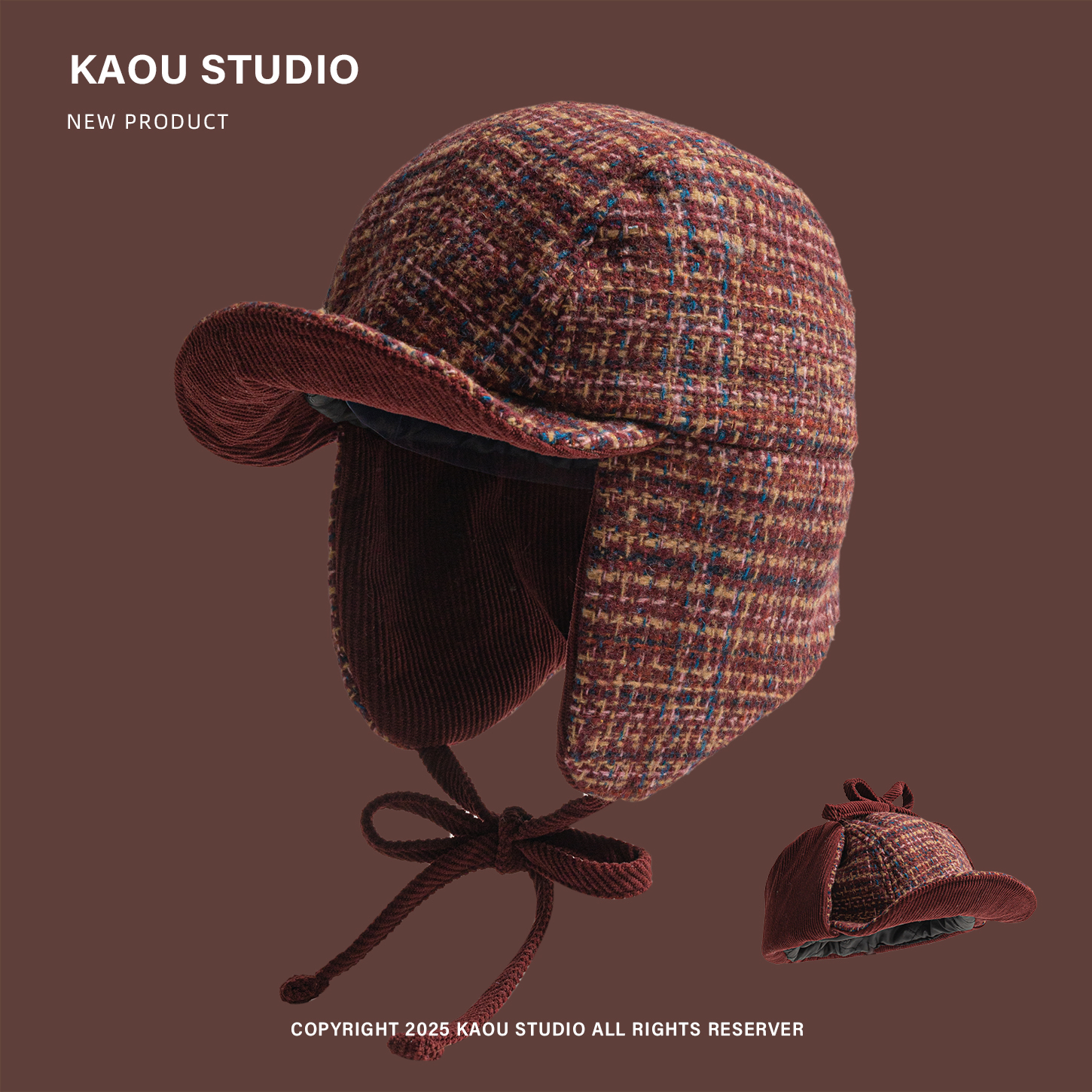 秋冬复古格子保暖护耳雷锋帽