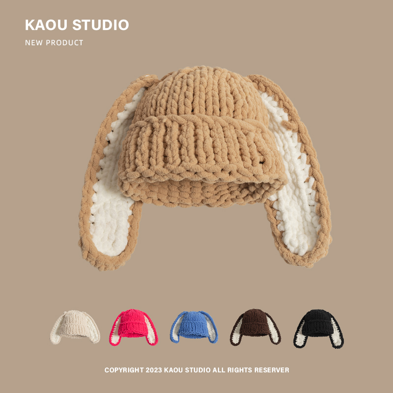 长耳朵兔子可爱毛线帽子女秋冬手工编织儿童套头帽亲子保暖针织帽