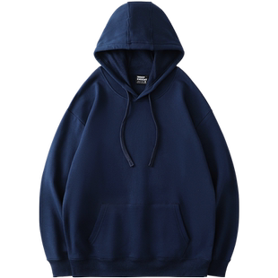 美式街头潮牌藏蓝色卫衣女宽松oversize无性别穿搭纯色帽衫外套薄