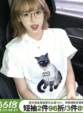 甜酷街头嘻哈风设计感猫咪印花白色短袖t恤女宽松休闲潮牌上衣夏
