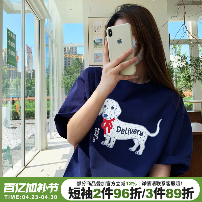 美式学院风宽松显瘦藏蓝色短袖t恤女高级感休闲腊肠狗印花上衣潮