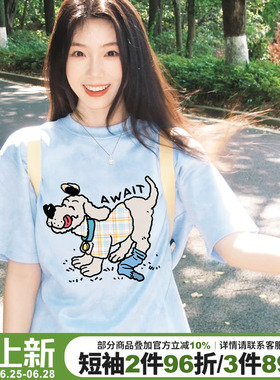 2026新款chic学院风卡通印花奶蓝色短袖t恤女宽松正肩半袖上衣夏