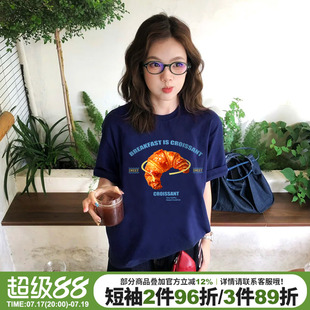 ins风超火设计感复古风藏蓝色短袖t恤女超显白宽松重磅半袖上衣夏