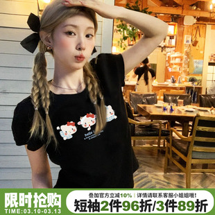 2026新款甜美风Kitty猫印花黑色短袖t恤女宽松显瘦小个子短款上衣