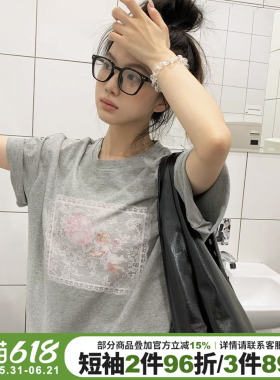 街头甜酷休闲风灰色短袖t恤女小众设计感蕾丝天使印花纯棉上衣潮