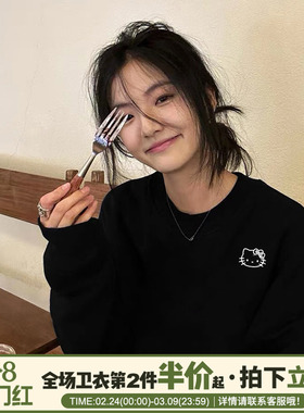 chic学院风超火Kitty猫印花黑色卫衣女宽松显瘦甜酷减龄加绒上衣