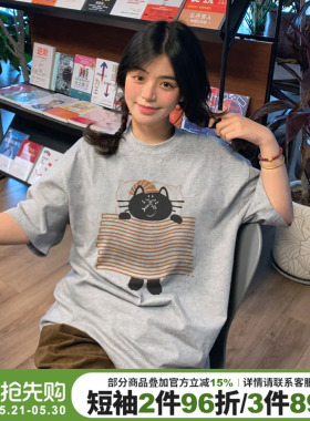vintage古着感灰色短袖t恤女2026新款宽松显瘦纯棉重磅半袖上衣夏