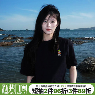 超火ins风设计感街头潮牌黑色正肩t恤女短袖 宽松显瘦上衣 2026新款