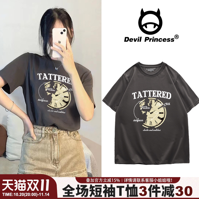 美式复古风vintage宽松深灰色T恤女小众设计感纯棉学院风正肩上衣