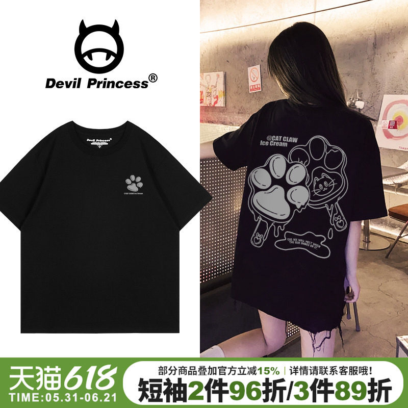 chic韩系学院风卡通超火黑色t恤女宽松大版纯棉正肩半袖上衣夏季
