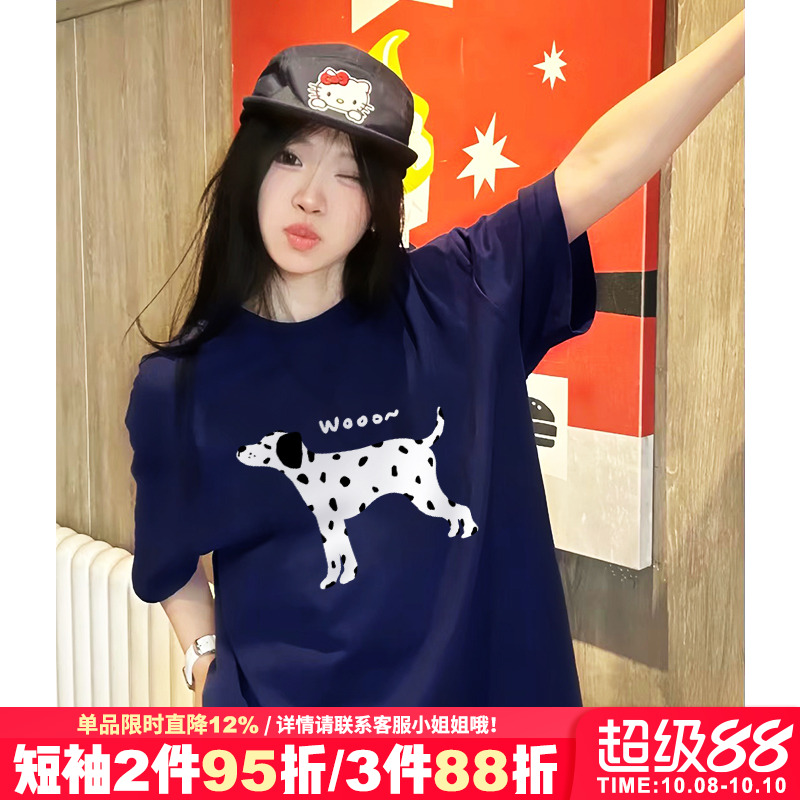 美式甜酷风斑点狗印花藏蓝色短袖t恤女夏季新款设计感宽松上衣潮