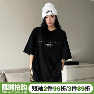 hiphop嘻哈风设计感字母印花黑色短袖女t恤大版宽松显瘦正肩上衣