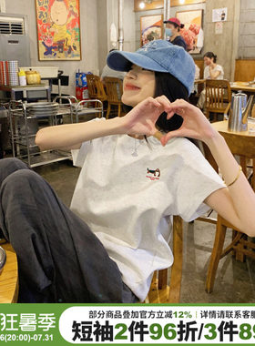 小众高级感宽松正肩花灰色短袖女