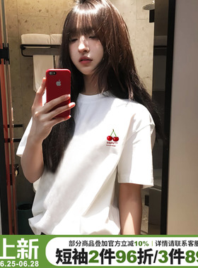 超好看ins风白色短袖t恤女设计感樱桃印花简约休闲宽松纯棉上衣夏