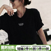 新款 t恤女夏季 宽松显瘦百搭正肩上衣 简约风字母印花黑色短袖 美式