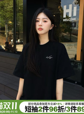 通勤风设计感字母印花黑色短袖女