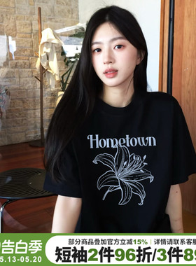 韩系慵懒风宽松休闲黑色短袖t恤女2026春夏新款设计感正肩上衣潮