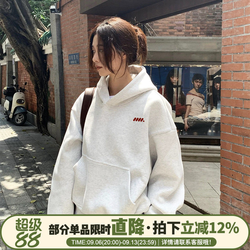 韩系休闲慵懒风花灰色连帽卫衣女2026新款高级感宽松简约帽衫外套