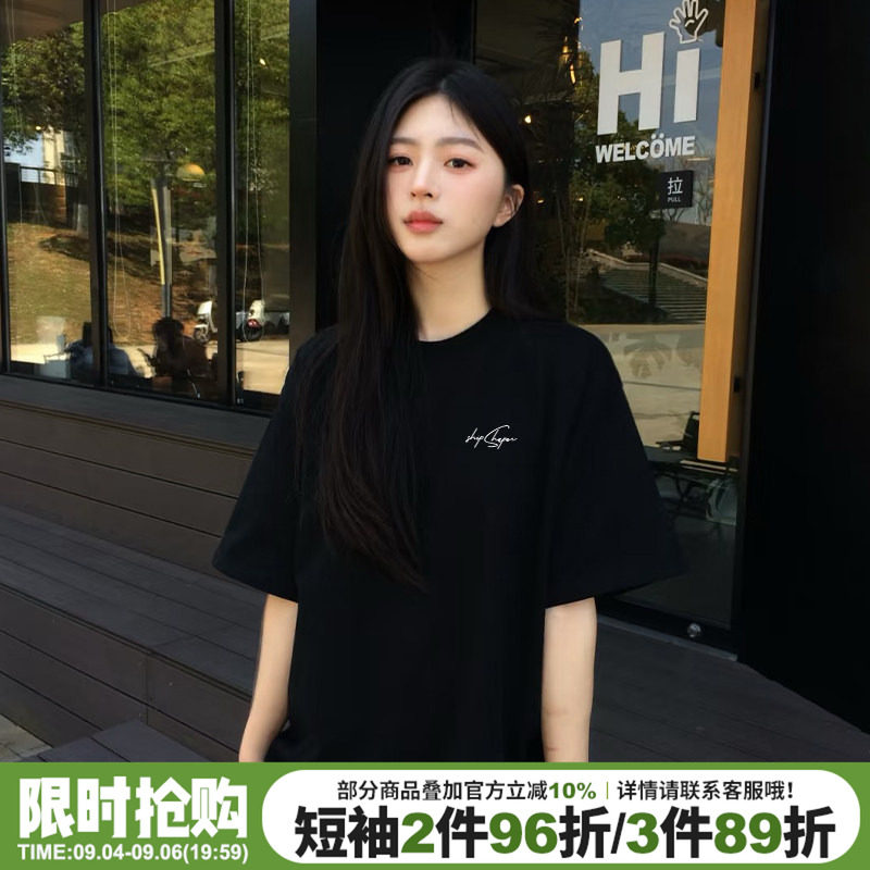 通勤风设计感字母印花黑色短袖女图片