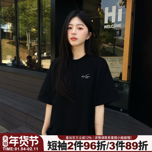 高级感韩系简约风纯棉黑色短袖t恤女2025夏季新款宽松显瘦上衣潮