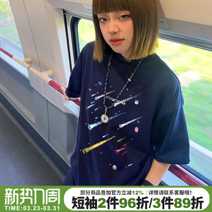 上衣 重磅半袖 街头风小众潮牌藏蓝色短袖 t恤女宽松显瘦超显白美式