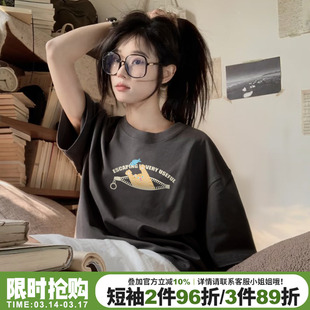 vintage复古风通勤百搭深灰色短袖t恤女宽松显瘦纯棉正肩半袖上衣