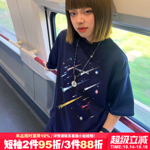 上衣 重磅半袖 街头风小众潮牌藏蓝色短袖 t恤女宽松显瘦超显白美式