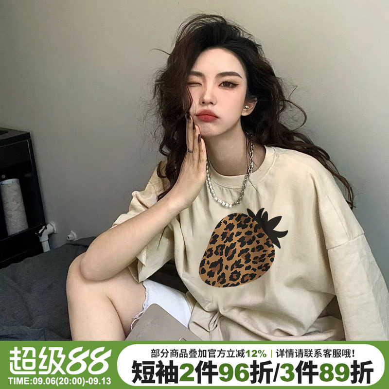 美式复古风草莓豹纹印花短袖女潮图片