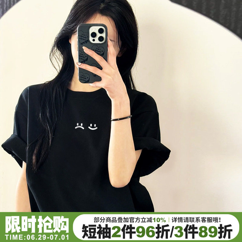 vibe慵懒风宽松显瘦黑色正肩t恤女短袖高级感休闲百搭重磅上衣夏 - 实物图