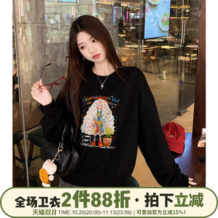 美式复古学院风宽松黑色卫衣女ulzzang小众超火秋冬加绒重磅上衣