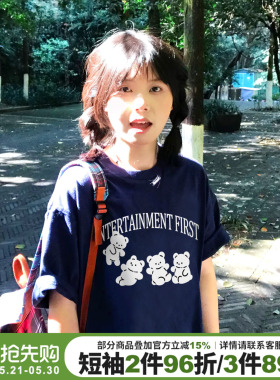 ulzzang小众卡通小熊印花藏蓝色短袖t恤女学院风减龄显瘦正肩上衣