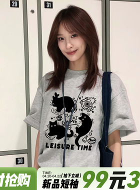 美式休闲风小众设计猫咪印花灰色短袖t恤女大版显瘦重磅半袖上衣