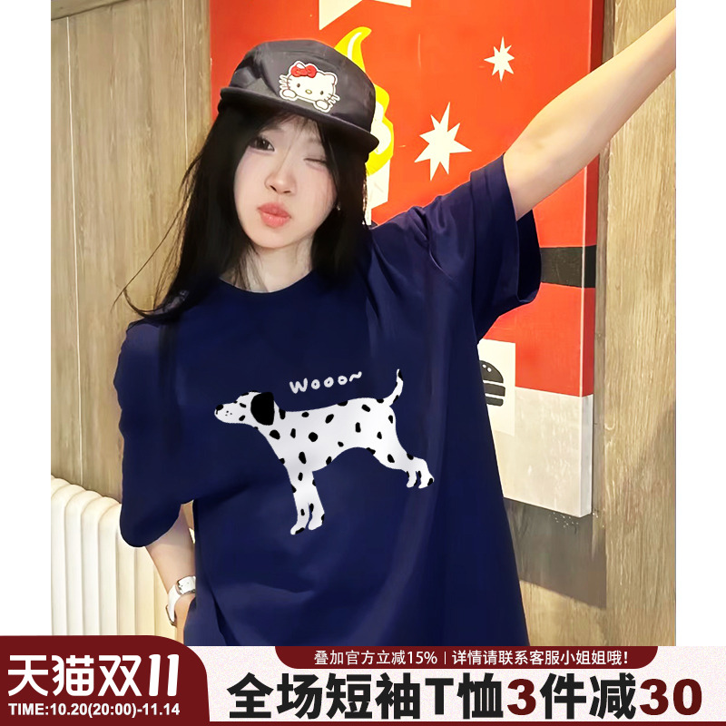 美式甜酷风斑点狗印花藏蓝色短袖t恤女夏季新款设计感宽松上衣潮