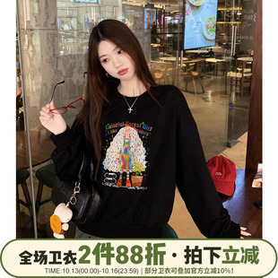 美式复古学院风宽松黑色卫衣女ulzzang小众超火秋冬加绒重磅上衣