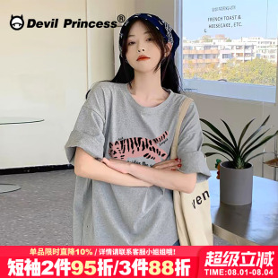 女t恤2025夏宽松圆领上衣ins潮 韩系chic小众卡通印花纯棉灰色短袖