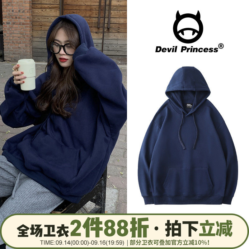 春秋美式vintage情侣装纯色卫衣韩版连帽加绒大码女打底衫学生ns